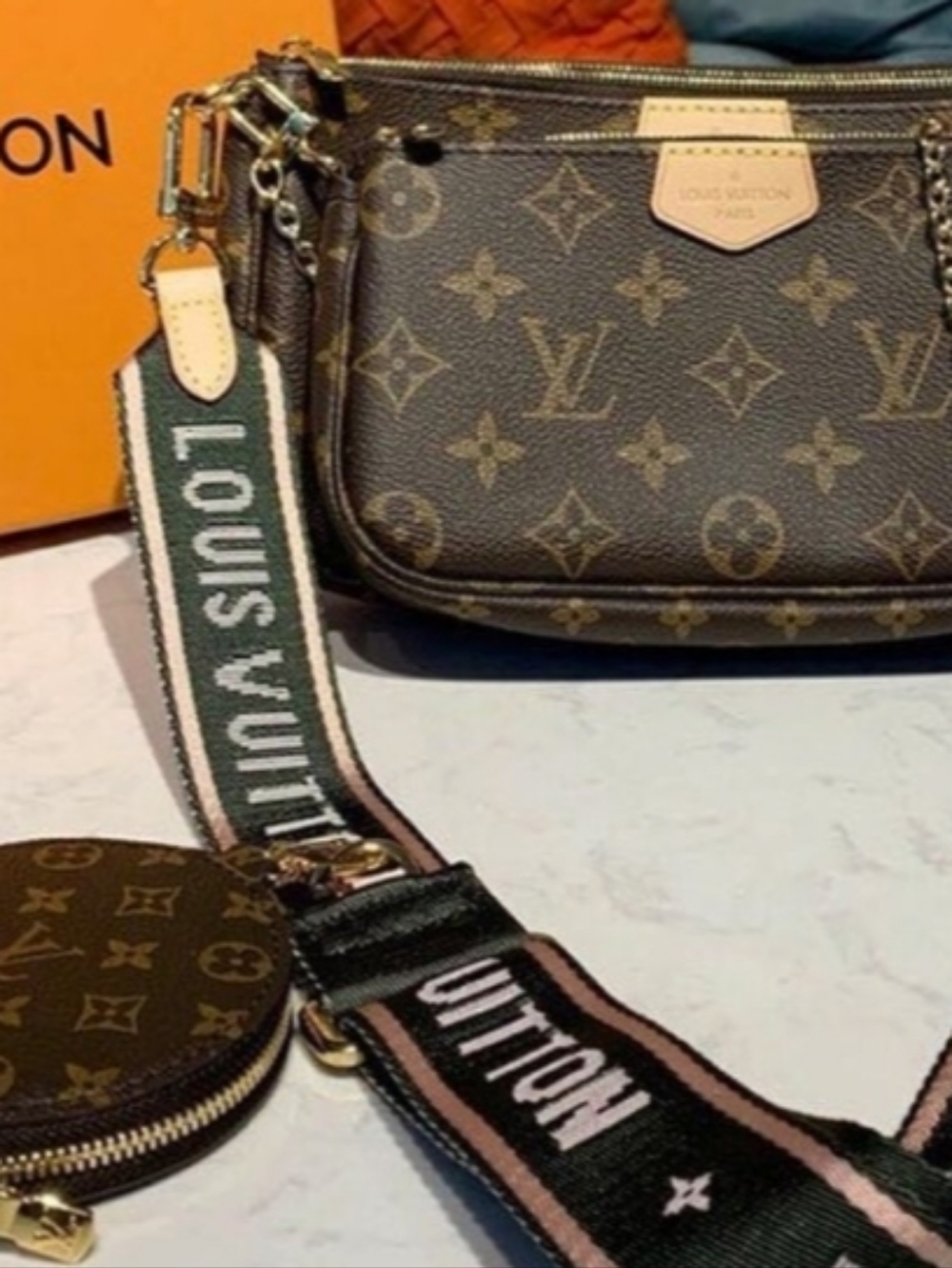 🔰3 IN 1 Monogram Canvas Multi-Pochette Crossbody Bag Olive/champain Cream Strap